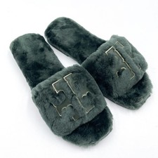 Tory Burch Double T Shearling Slide Sandals Forest Green Square Toe Fur Sz 7