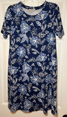 Loft Womens Blue White A-Line Jersey S Sleeve Dress Sz Small