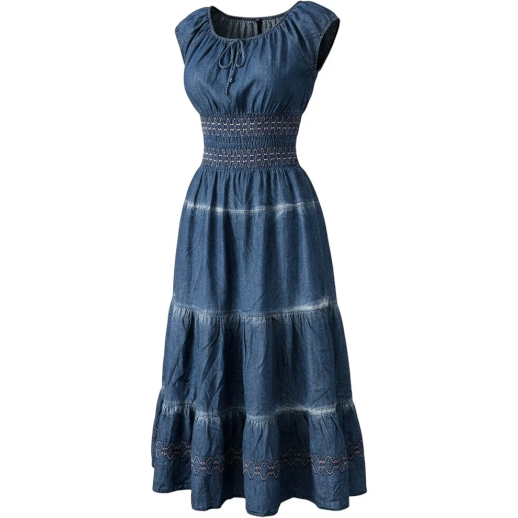 lapis denim dress Linen Godet Slip  DATURA Dry clean Sibille Puff Sleeve Maxi Dress