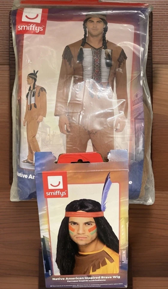 Disfraz indio guerrero nativo americano Smiffys y peluca a juego pieza para la cabeza hombres Lg Foto 2 de 4