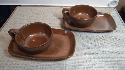 4pcs Frankoma Pottery Large Soup Bowl  Mug 4SC Sandwich Tray 5PS brown USA