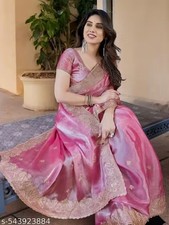 Women Traditional Embroidered Organza Saree With Unstitched Blouse Festive Sari