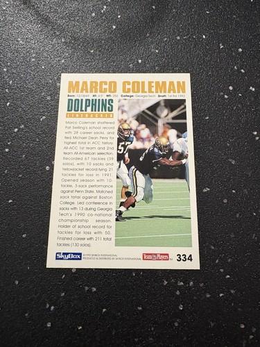 1992 Skybox Impact - Marco Coleman #334 (RC) NFL Miami Dolphins Linebacker - Foto 2 di 2