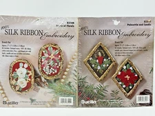 Set of 2 Bucilla 100% SILK Ribbon Embroidery Seasonal Florals Kit 4 Brooch Pins