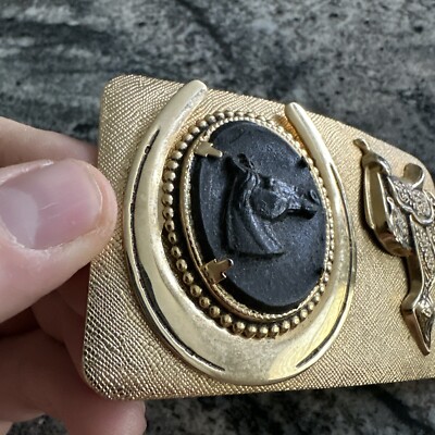 Western Horseshoe & Horse Saddle Golf Toned Belt Buckle  display picture 1