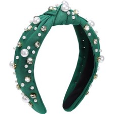 WantGor Pearl Knotted Headband, Women Rhinestone Embellished Hairband Green