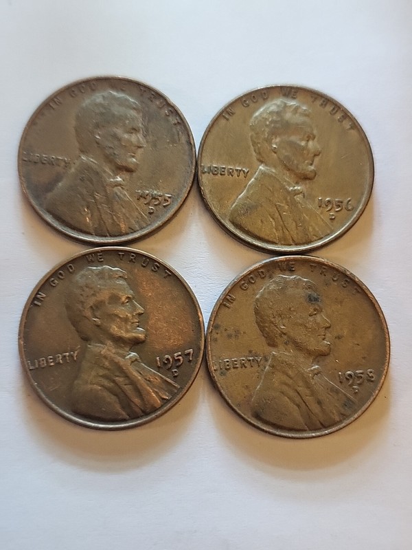 1955-D, 1956-D, 1957-D, and 1958-D Lincoln  Wheat Cent Pennies