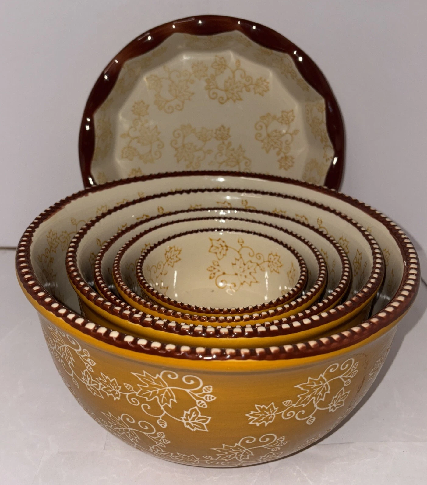 Temptations Floral Lace Mustard Yellow 5pc Nesting Mixing Bowl Set & Pie Dish