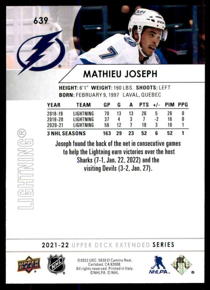 2021-22 Upper Deck Extended Series Mathieu Joseph #639 - Image 2 of 2