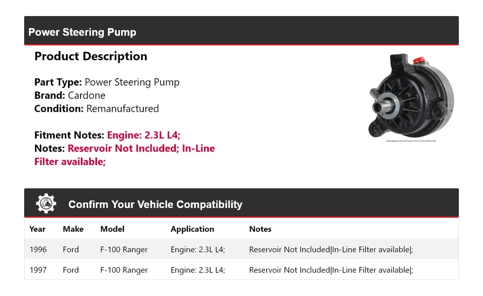 适用于 1996 - 1997 福特 F-100 Ranger 2.3L L4 动力转向泵 Cardone — 第 2/4 张图片