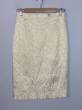Vintage 100 Silk Cream Gold Pencil Skirt Size 10 BUT Fits like 6 Stretch Lined