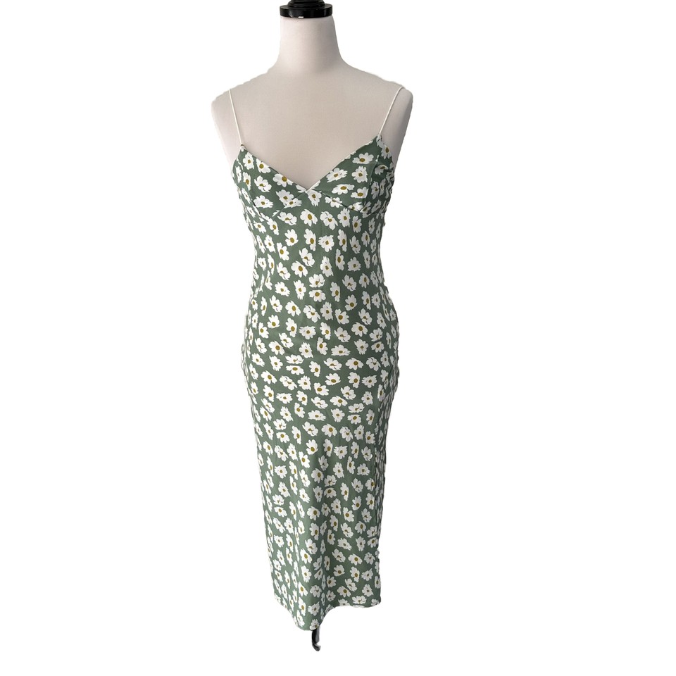 Y2K Style Slip Dress Size 12 Green White Daisy Floral Print Stretch Midi