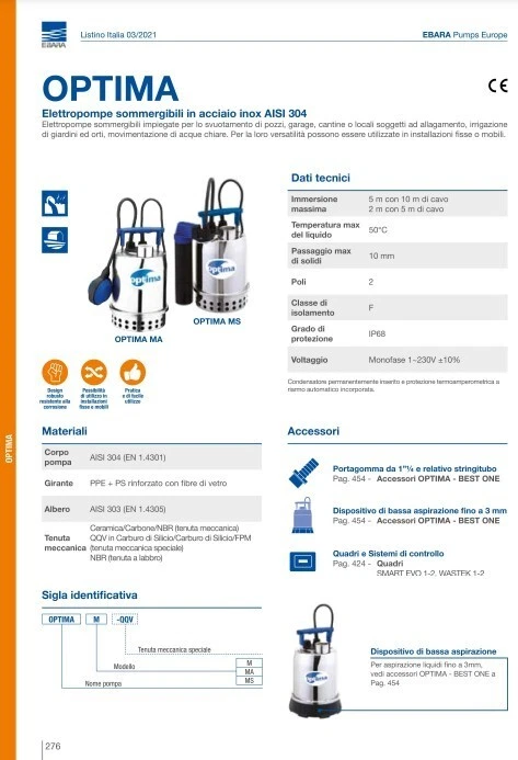 EBARA ELETTROPOMPA POMPA SOMMERGIBILE OPTIMA MA HP0.33 V230 - Immagine 3 di 3