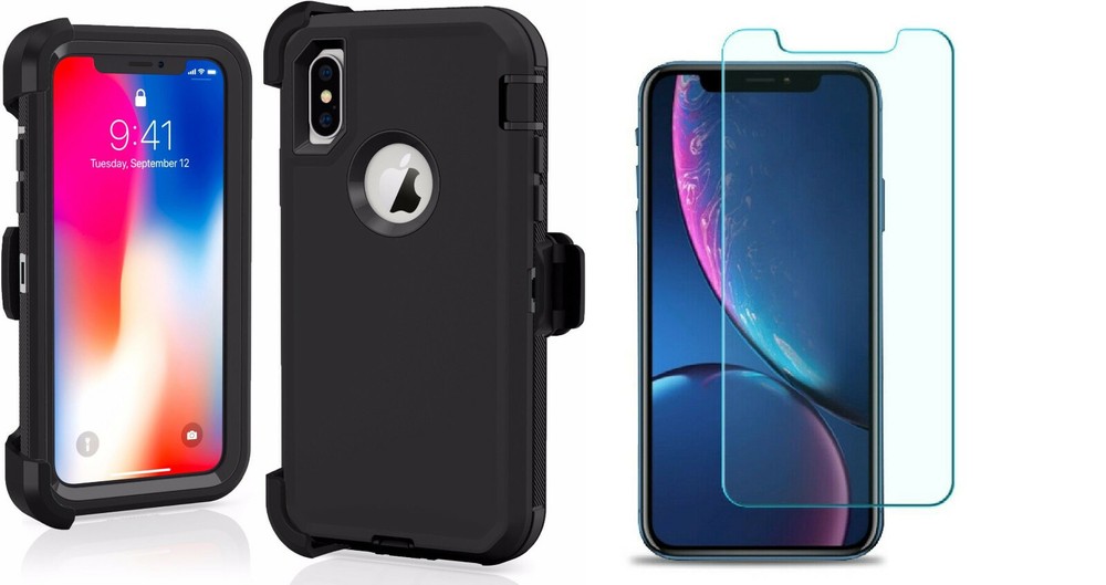 For iPhone X & XS Defender Case W/ Screen & Clip (Belt Clip Fits Otterbox) Black