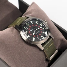 Men's Bulova Military Hack Black Dial Green Leather Strap Automatic Watch 98A255