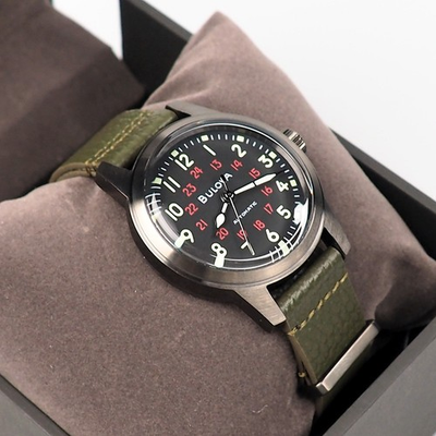 #ad Men#x27;s Bulova Military Hack Black Dial Green Leather Strap Automatic Watch 98A255 $175.99