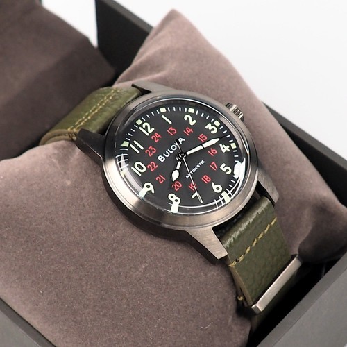 Men's Bulova Military Hack Black Dial Green Leather Strap Automatic Watch 98A255