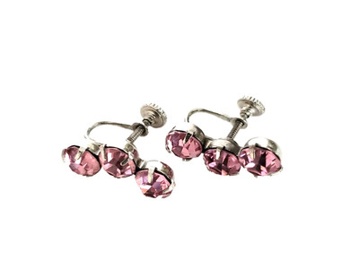 Vtg Pink Rhinestone Costume Earrings Screw Back Silver Tone Retro 50s 60s