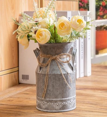 Vintage Galvanized Milk Can, Farmhouse Decorative Flower Pitcher Vase, Rustic