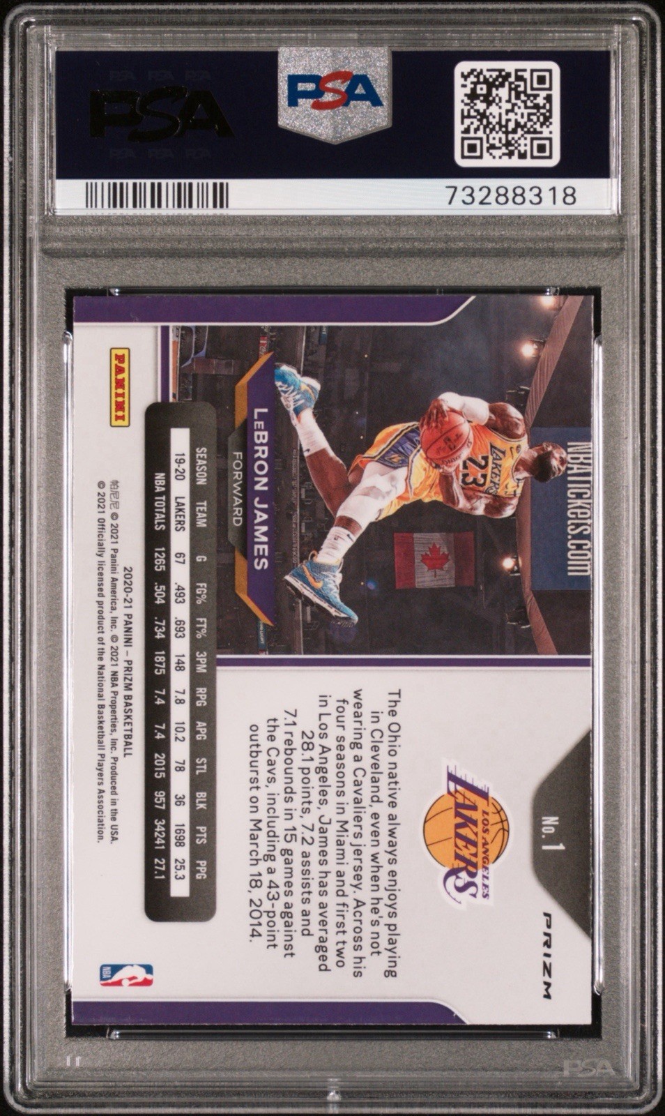 2020-21 Panini Prizm LeBron James #1 Red White Blue Prizm Kobe Tribute PSA 10 view 2