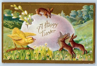 1910 Easter Bunnies Rabbit Big Hatched Egg Chick Flowers Winsch Back Postcard