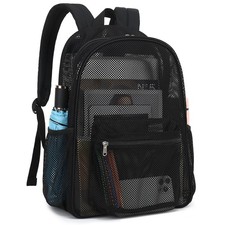Black Mesh Backpack, Girls, Semi-Transparent School Bookbag, See Through