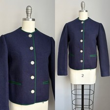 BOOS Vintage 1960  s Ladies Austrian Navy Blue Wool Button Up Jacket Austria XS
