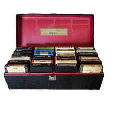 Vintage 8-track tape storage case - black faux alligator skin w/ 24 8 Track Tape