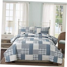 3-Piece Plaid Quilt Set Size, Lightweight Soft Summer King Blue White Plaid