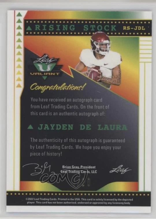 2022 Leaf Valiant Rising Stock Orange Crystals /20 Jayden De Laura #RS-JDL Auto - Image 2 of 2