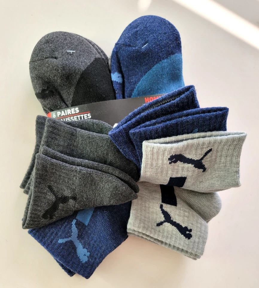 Meias masculinas Puma Quarter Crew pacote com 6 L azul preto cinza meia almofada esportiva felpuda - Imagem 4 de 4