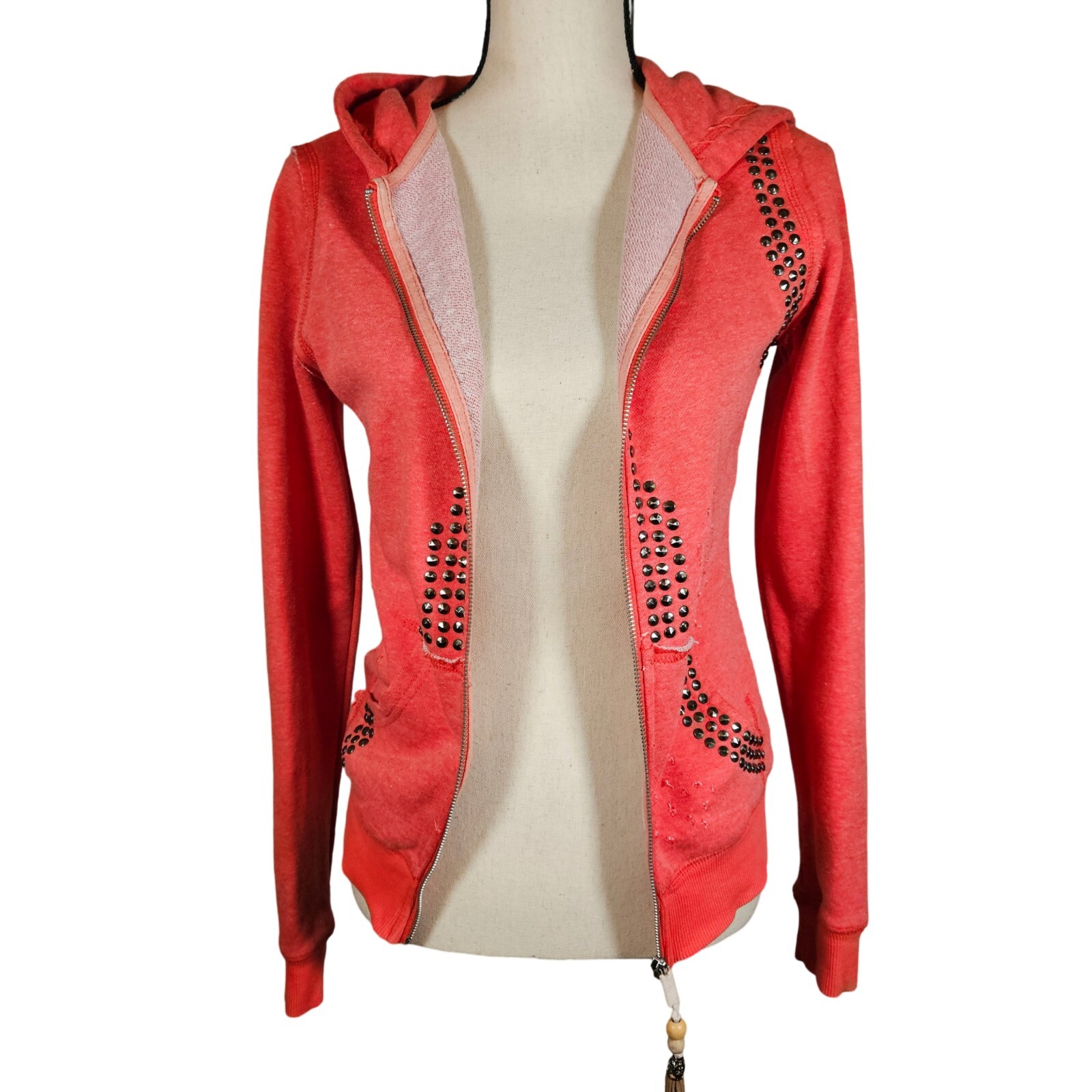 Miss Me Distressed Hooded Sweatshirt in Heather Red - Size Small