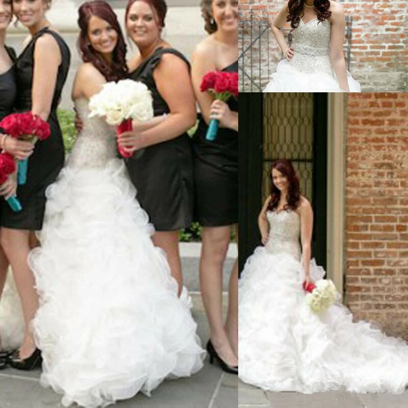 Mermaid Organza Ruffles Wedding Dress Beaded Sequins Crystals Bridal Gown Custom - Image 2 of 4