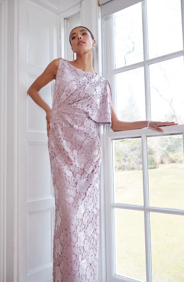 NWT JS Collections Arabella Sequin Guipure Lace Pleated Gown in Amethyst size 2 - Image 2 of 4