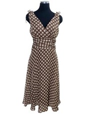 Vtg Y2K Dress 6 Chiffon Brown Midi Polka Dot Feminine Sleeveless Bows Romantic