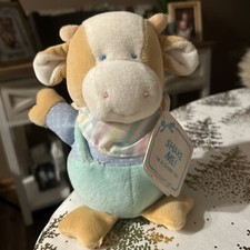 Vintage Baby Eden Tan White Cow Bell Rattle Plush Stuffed New Old Stock 11"