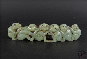Antique Old Chinese Nephrite Celadon Jade Brush Holder Statue MONKEYS & PEACHES