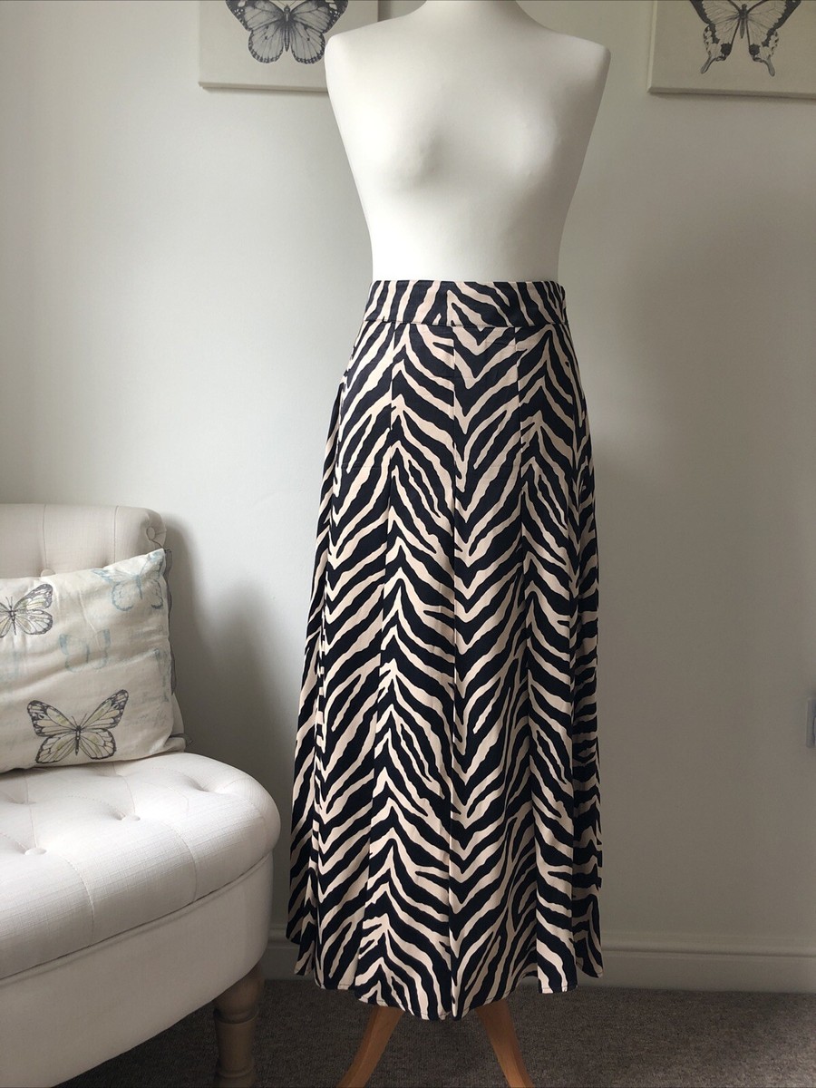 Zara Beige/Black Animal Print Pleat Skirt Size L UK