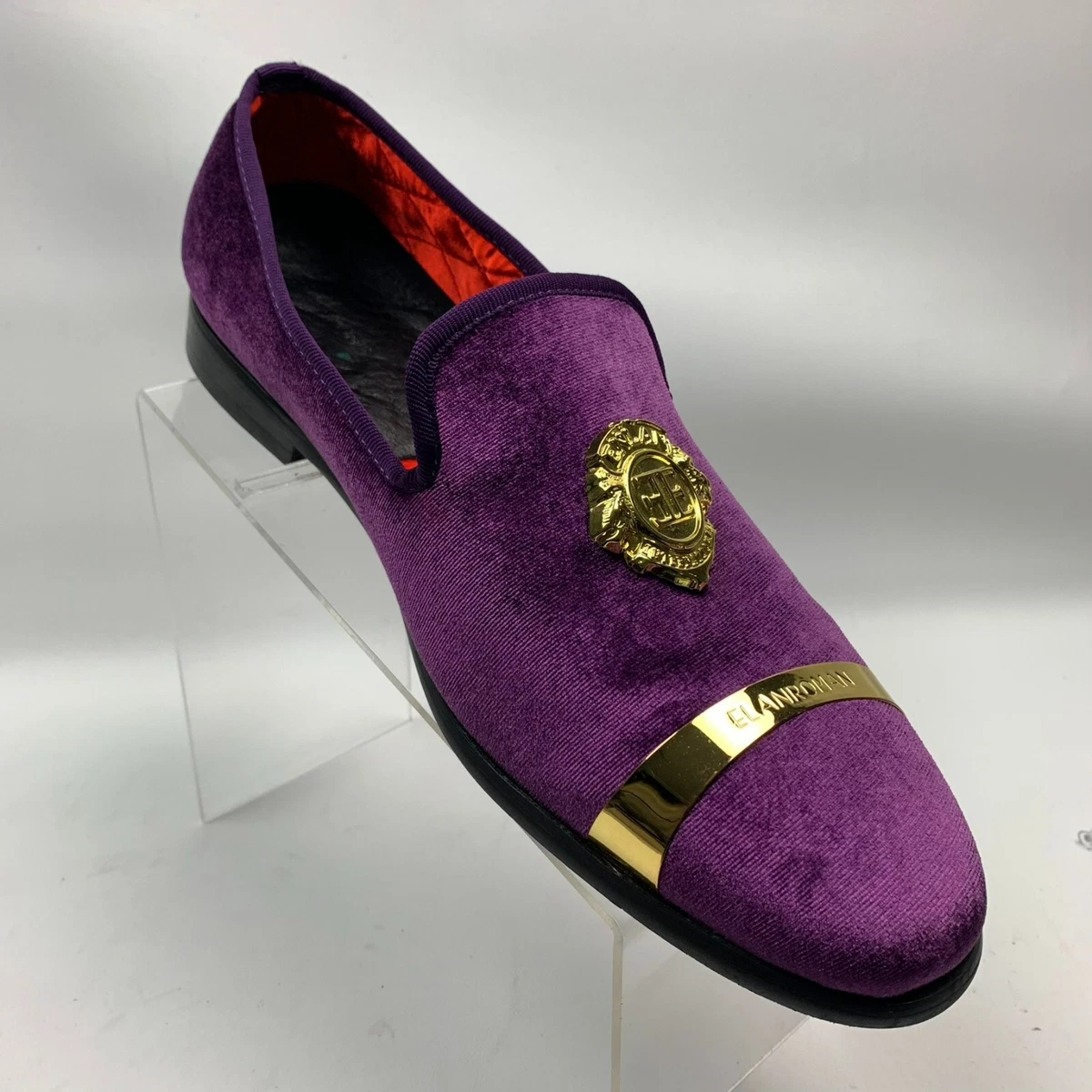 Elanroman Formal Loafers Purple Velveteen Gold Tone Logo Slip On Shoes EU47 US14
