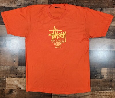 Vintage Stussy T-Shirt Mens Size Medium Orange World Tour Vintage Stussy T-Shirt Mens Size Medium Orange World Tour