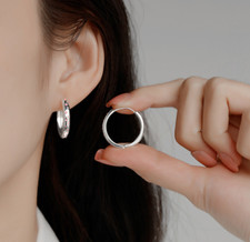 Women 925 Silver Plated Pink CZ Star Round Big Hoop Huggie Earrings 24mm PE62