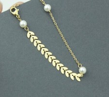 Women Girl Titanium Stainless Steel Gold Arrow Leaf Pearl Chain Bracelet 6-7.8"