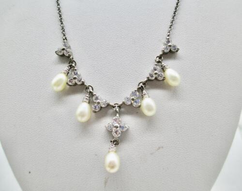 PEARL & RHINESTONE STERLING SILVER DANGLE NECKLACE 16-18 INCH - Picture 2 of 5