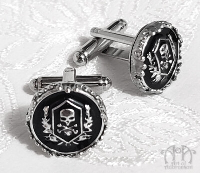 Goth Silver Black SKULL CROSSBONES CUFFLINKS Crest Emblem Cuff Links Crown Edge