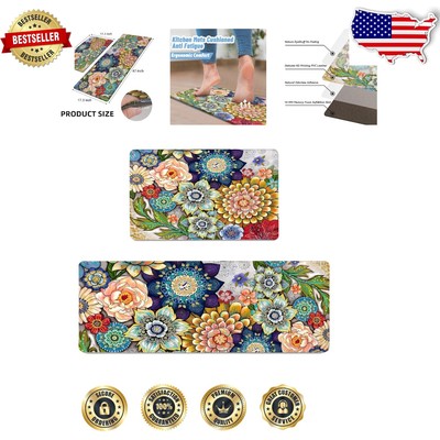 Ergonomic Floral Kitchen Rugs Set - Waterproof & Cushioned Non-Slip Mats 17.3x47