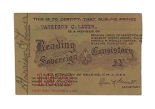 Reading PA Lodge Membership card 1929 Lauer