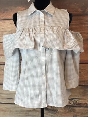 Women s Worthington Cold Shoulder Ruffled Button Up Plaid Collard Shirt Top Sz M