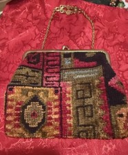 Vintage Tapestry Clutch Faux gold trim chain Mod fabric Purse red green gold