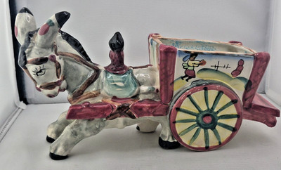 Vintage Japan Made 11''x6'' Ceramic Planter- Donkey Pulling Cart-Hand Painted Nice