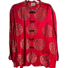VTG Chico's Design Red Rayon Tang Jacket Asian Chinese Mandarin Collar Art 3 XL